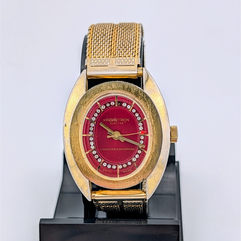 Vintage Kronotron Electra Swiss Manual Wind Red Dial Rhinestone Mesh Watch